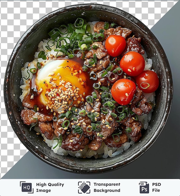 transparent object gyudonic food in a metal bowl