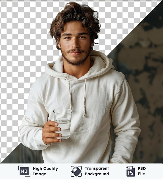 transparent object a handsome man stands in a white hoodie holding a glass in his hand and reaches out to him with his face inhaling the aroma of the drink horizontal studio photogr