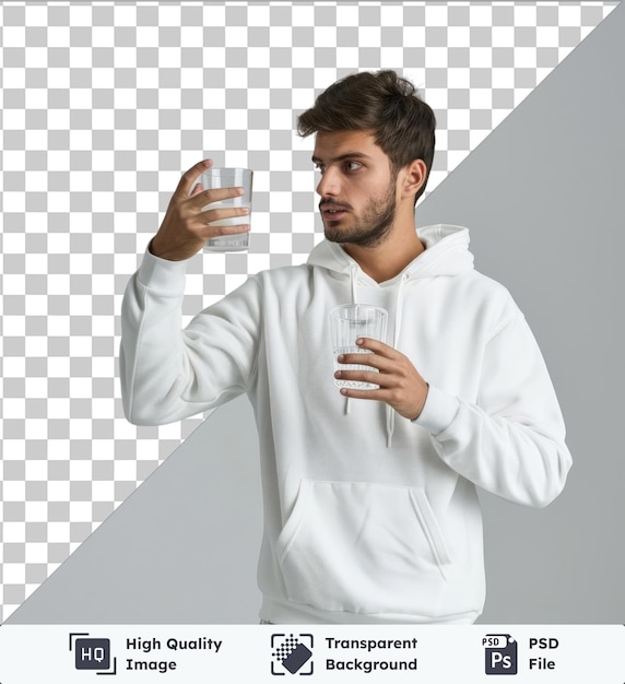 transparent object a handsome man stands in a white hoodie holding a glass in his hand and reaches out to him with his face inhaling the aroma of the drink horizontal studio photogr