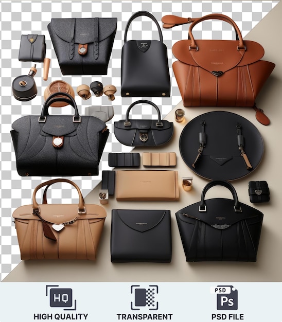 transparent object high end designer handbag collection set displayed on a transparent background