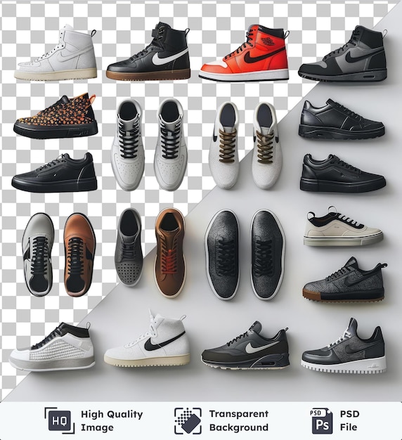 transparent object high end sneaker collection set displayed on a transparent background featuring black white and black and orange shoes