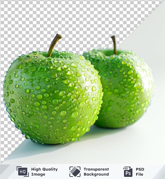 PSD transparent object hyperrealistic fresh green apples with brown stems casting white shadow