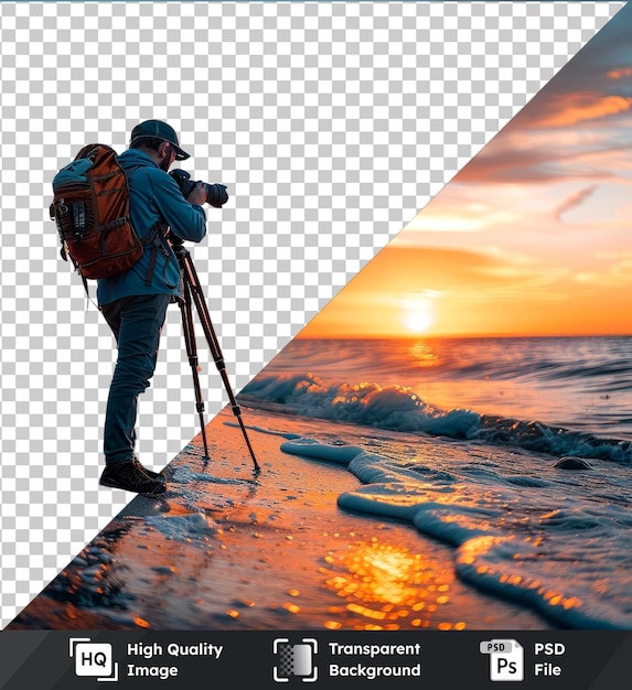 PSD transparent object is photographed at seaside during sunset with blue jacket and backpack