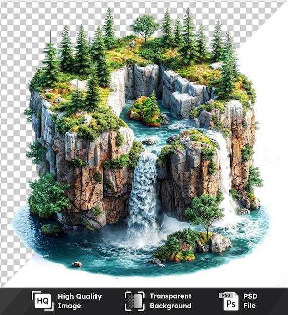 Transparent object of island cube with forest and river on transparent background