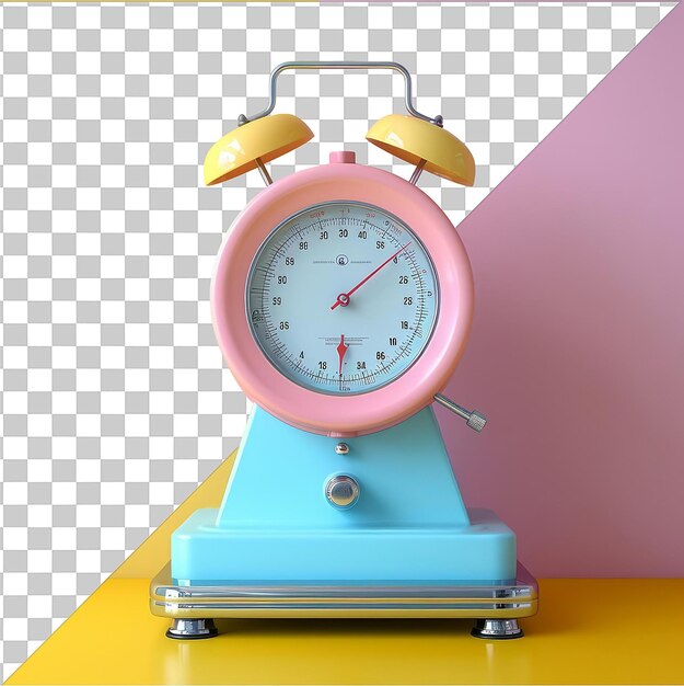 transparent object kitchen scale a pink alarm clock sits on a blue stand against a yellow wall