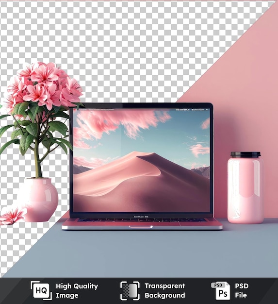 transparent object laptop and smartphone device mockup on a pink wall adorned with pink flowers and a green stem accompanied by a white and pink vase