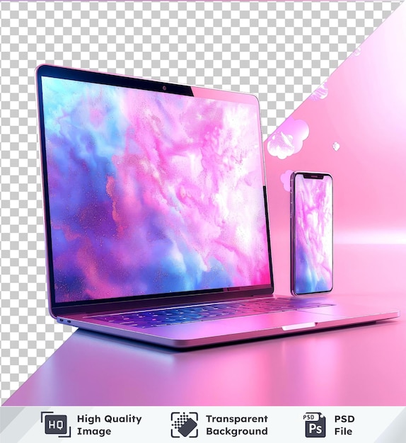 Transparent object laptop and smartphone mockup with floating LinkedIn icons on pink wall black