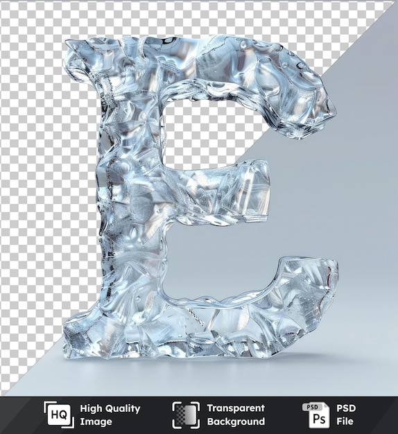 transparent object letter e with ice elements ice made of ice 3d rendering