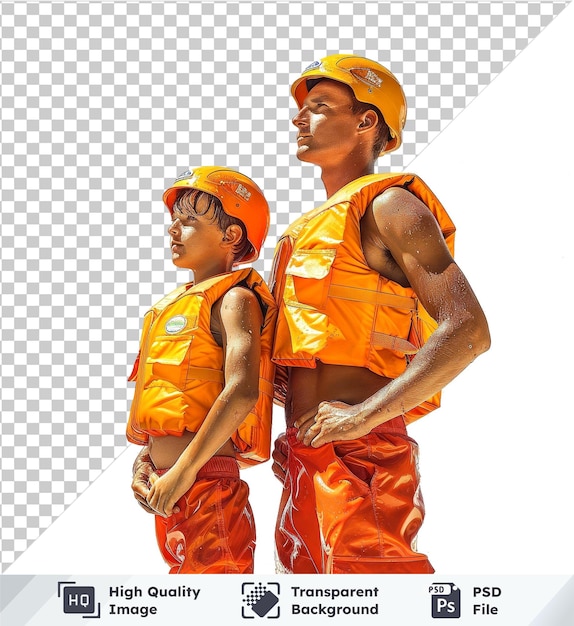 transparent object lifeguard with child orange and yellow vest black glasses at blue sky