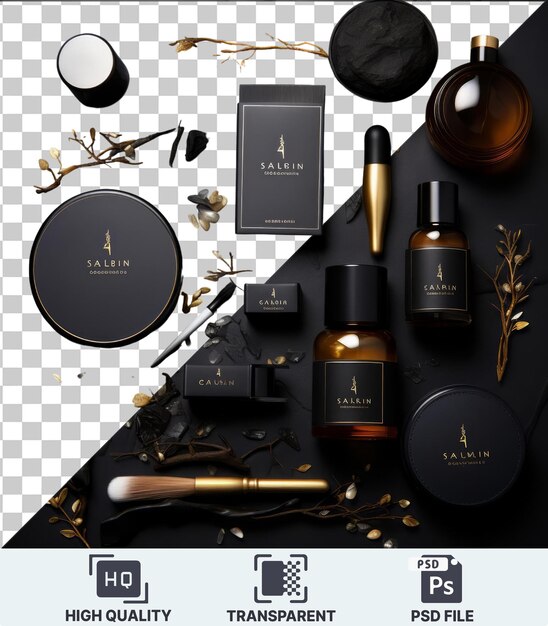 PSD transparent object luxury hair care and styling products set a black table adorned with a brown bottle and a gold pen