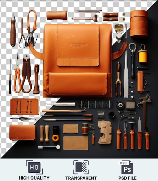 transparent object luxury leather crafting tools set orange brown black and orange displayed on a black table