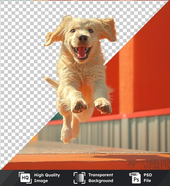 PSD transparent object mockup of a dog playing in front of a colorful wall with a blue sky background