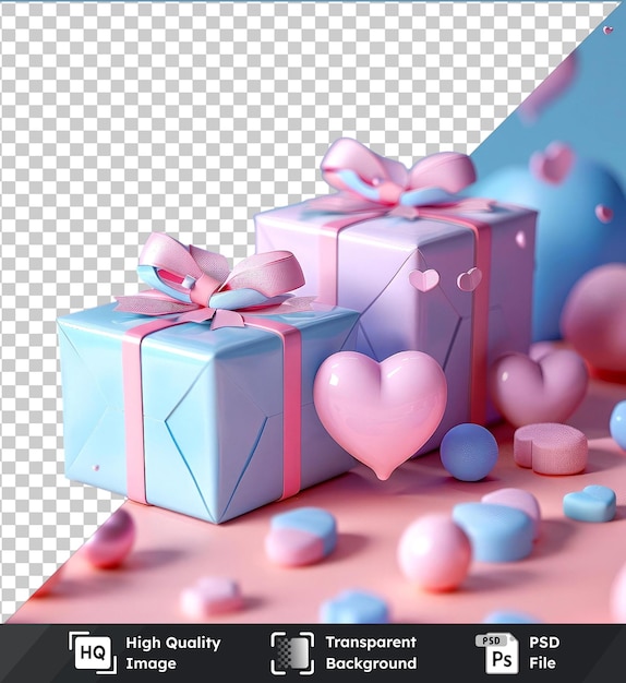 Transparent object mockup of gifts hearts and pink decorations against a blue wall