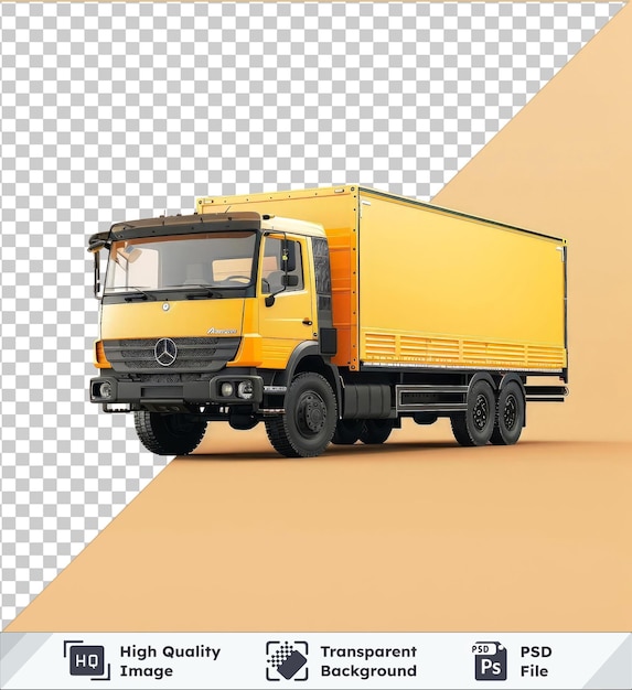 transparent object mockup of a yellow truck with a black grill and yellow door featuring a glass window and black tire set against a yellow sky