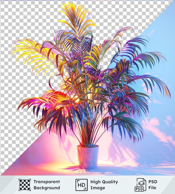 Transparent object in neon jungle dream with exotic palms in retro ambiance