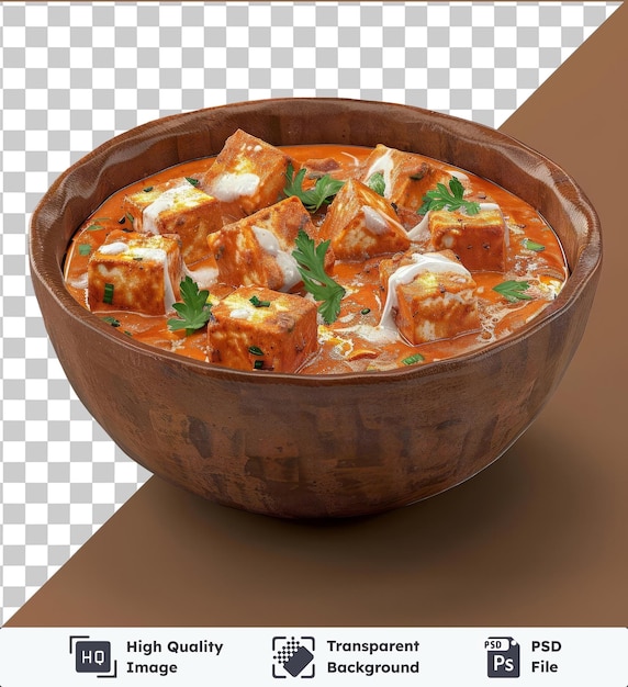 transparent object paneer butter masala in a wooden bowl