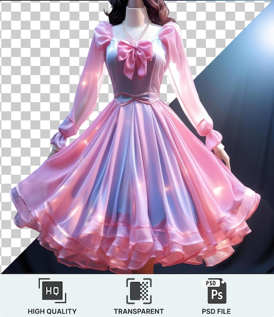 transparent object in a pink dress with brown hair and a pink bow on a mannequin