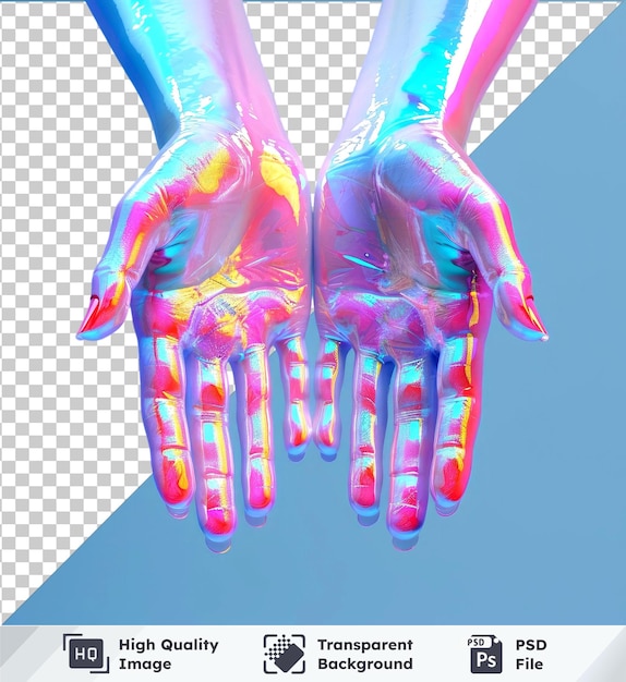 Transparent object of pink finger blue hand and blue bird against clear blue sky