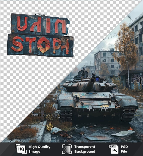 PSD transparent object placed in urban war scene with tanks buildings trees under cloudy sky