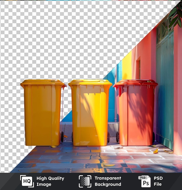 PSD transparent object plastic garbage containers in different colors mockup on the floor