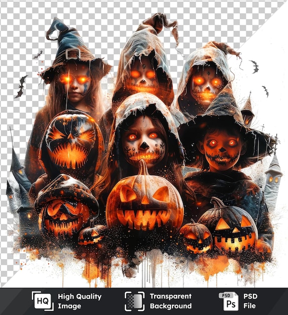 PSD transparent object poster template with happy children in halloween theme dressed in pumpkin