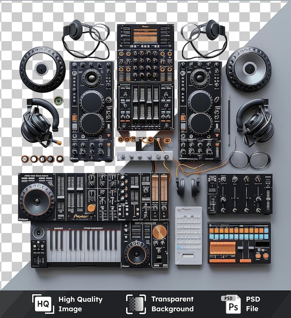 transparent object professional dj equipment set on a isolated background featuring black headphones a black and white keyboard and black headphones