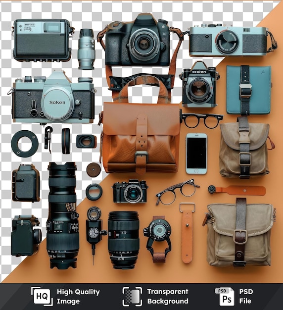 transparent object professional landscape photography gear set displayed on an orange wall featuring a silver camera black camera and black and gray camera with a brown strap for easy access