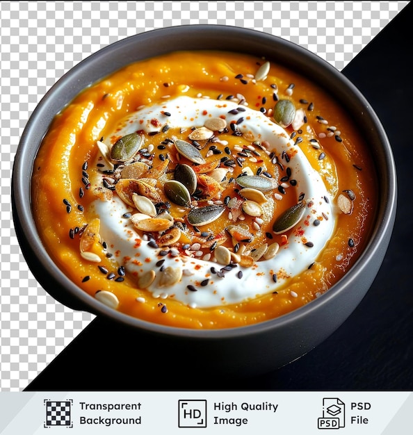 PSD transparent object pumpkin soup topped with cream and seeds on black background