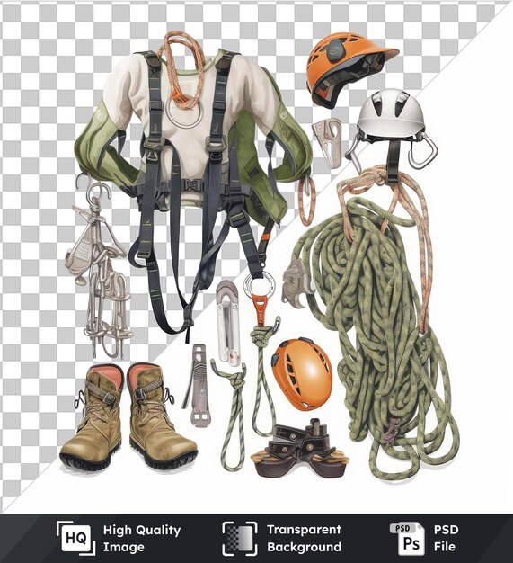 PSD transparent object realistic photographic arborist _ s climbing gear a brown boot an orange helmet and a black strap