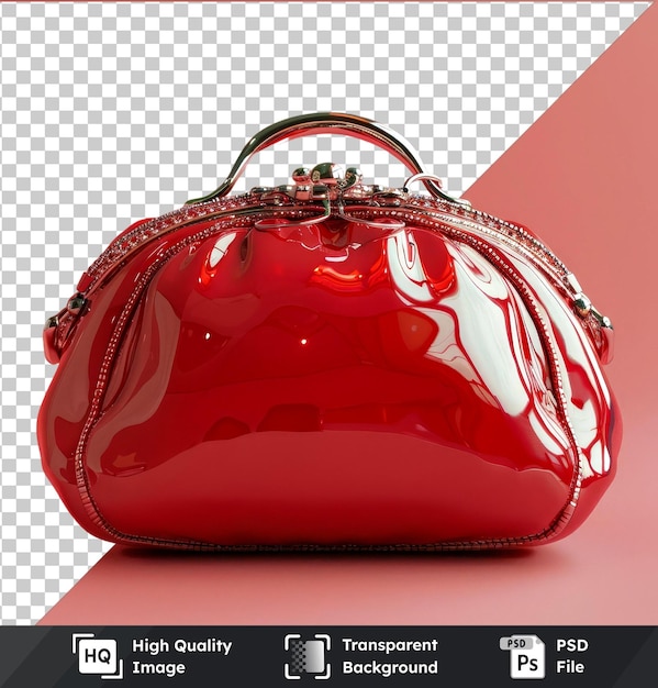 PSD transparent object red purse with silver zipper and chain on isolated background