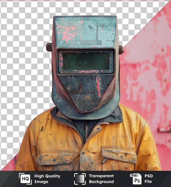 transparent object repair man wearing professional welding mask over head covering face for protection from dust and dirt