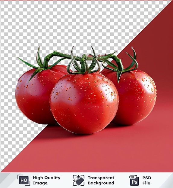 Transparent object seasonal fresh tomatoes isolated with clipping path on red background