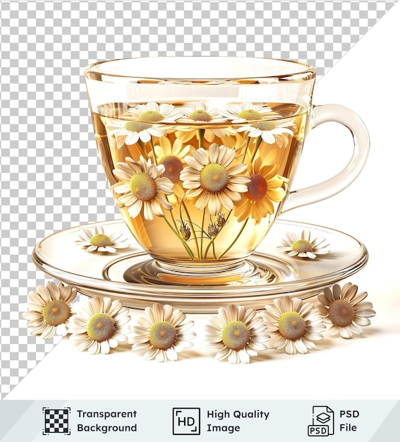 PSD transparent object set of chamomile tea flower in a glass cup on transparent background