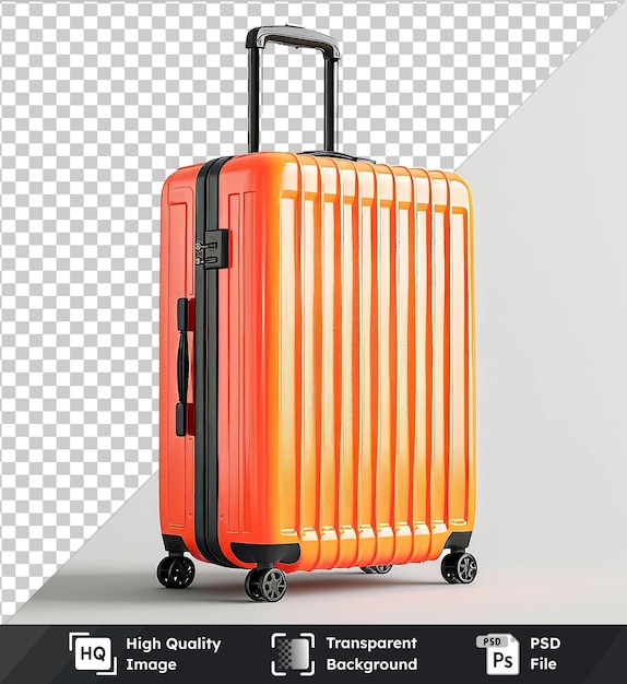 transparent object travel luggage mockup featuring a black wheel orange suitcase and black handle against a gray and white wall with a dark shadow in the background