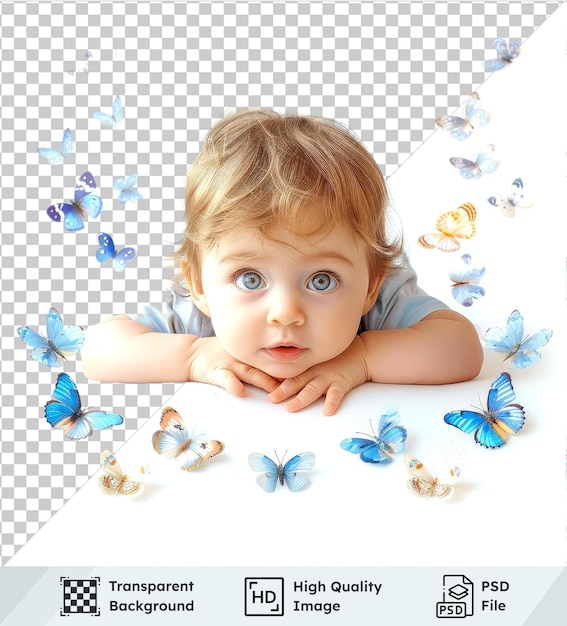 Transparent object vector of baby with butterflies features small hand and surrounded by blue and