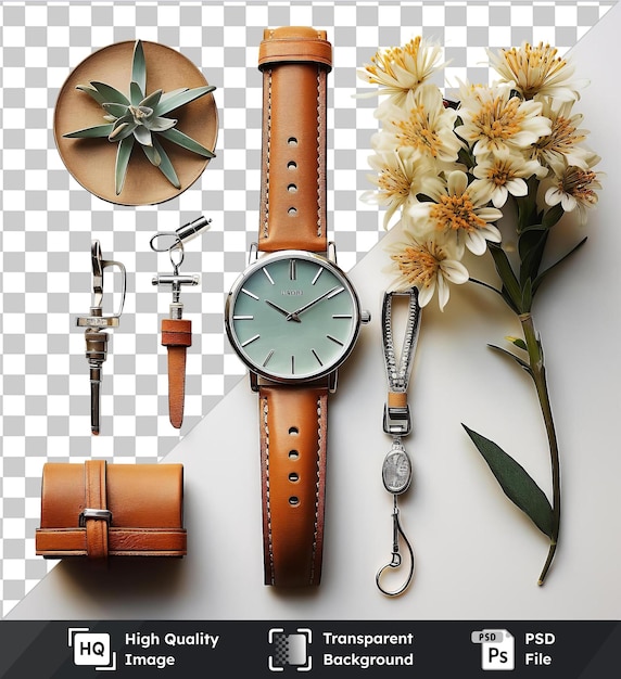 PSD transparent object vintage watch and timepiece set a brown watch and a white flower displayed on a white wall