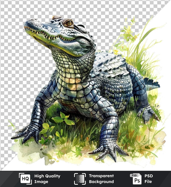 transparent object watercolor illustration of a crocodile on a background of green grass