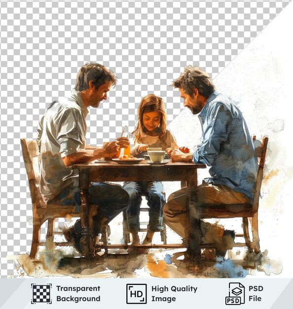 Transparent object watercolor illustration of a family at the table on an isolated background Man