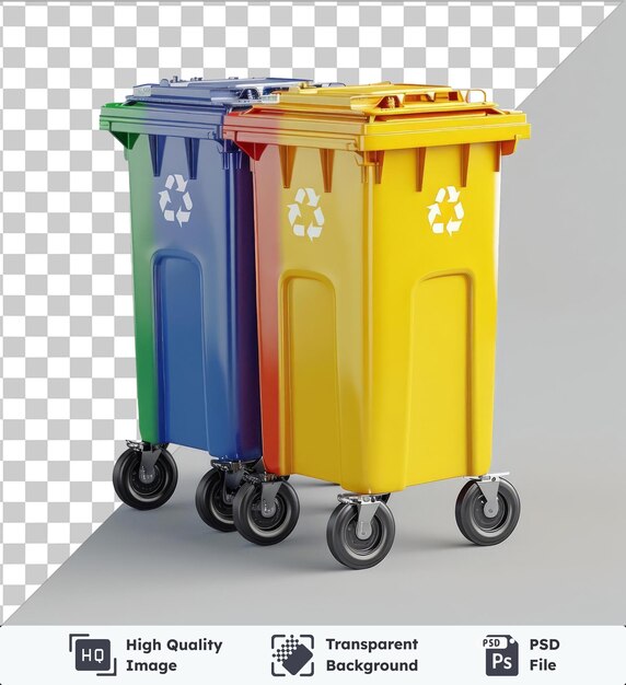 transparent object wheelie bins in yellow and blue with black wheels and a yellow handle accompanied by a blue and yellow bin on a gray background