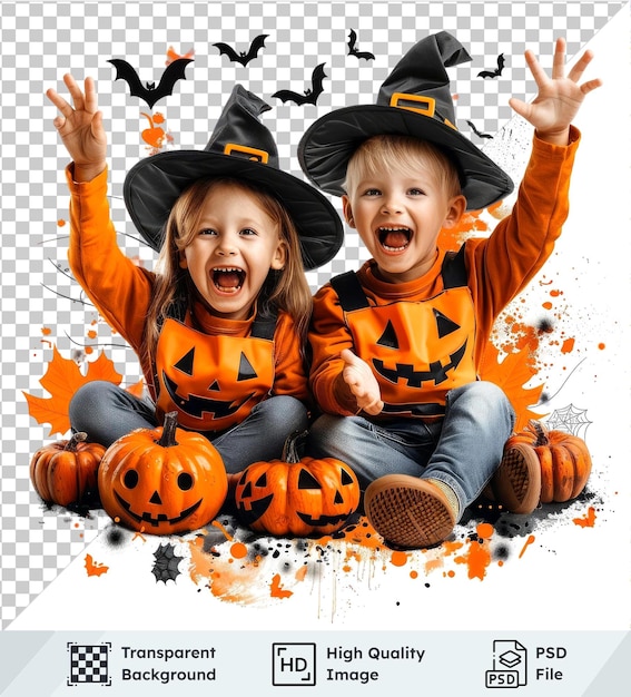 Transparent object with happy children in Halloween theme sitting on the ground with pumpkins