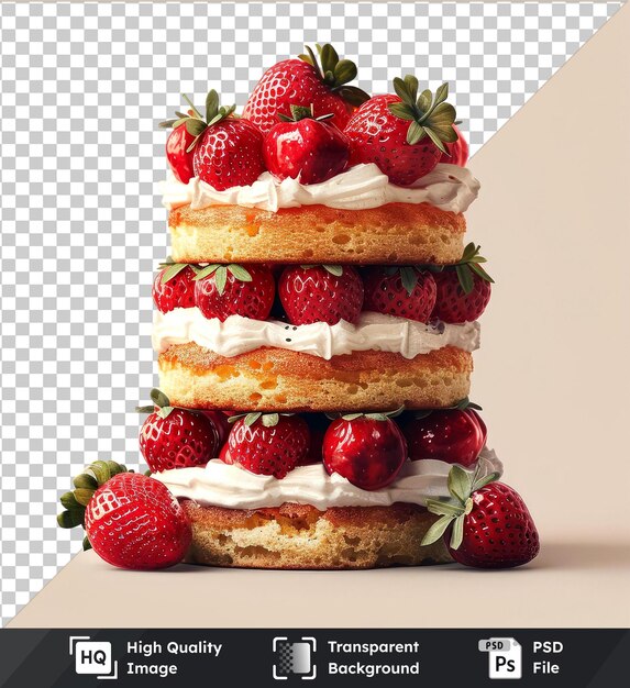 PSD transparent object with strawberry shortcake towers red strawberries green leaf on white wall