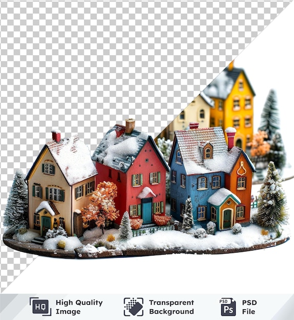 Transparent object with various colorful winter holiday houses and trees on transparent background