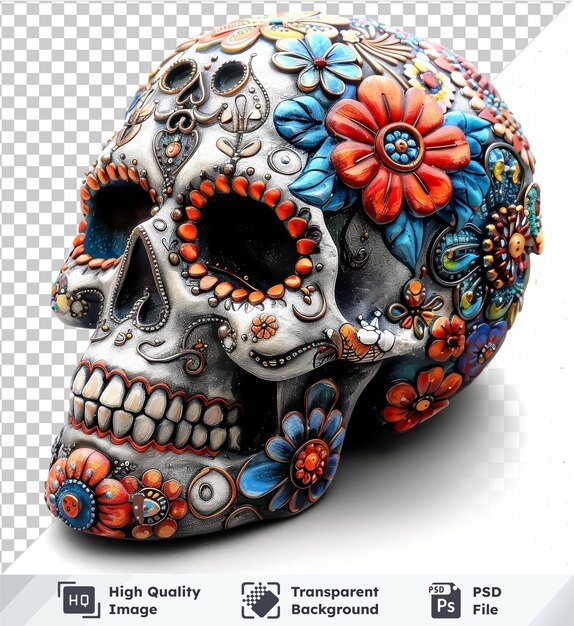 Transparent object with vibrant day of the dead motifs painted on a skull isolated on transparent