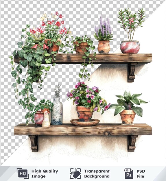 PSD transparent object wooden shelf with vintage plants and flowers variety of potted plants in pots