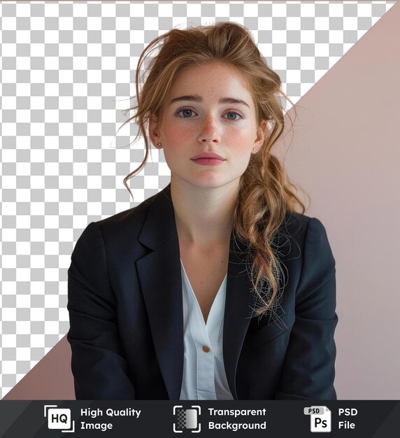 transparent object young businesswoman in suit sits in front of a pink wall wearing a white shirt and blue jeans with long brown hair and a small ear visible