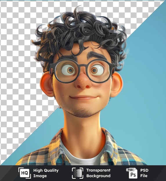 transparent object young man head avatar character with black hair large nose and blue eyes wearing a blue and plaid shirt with a small orange ear visible