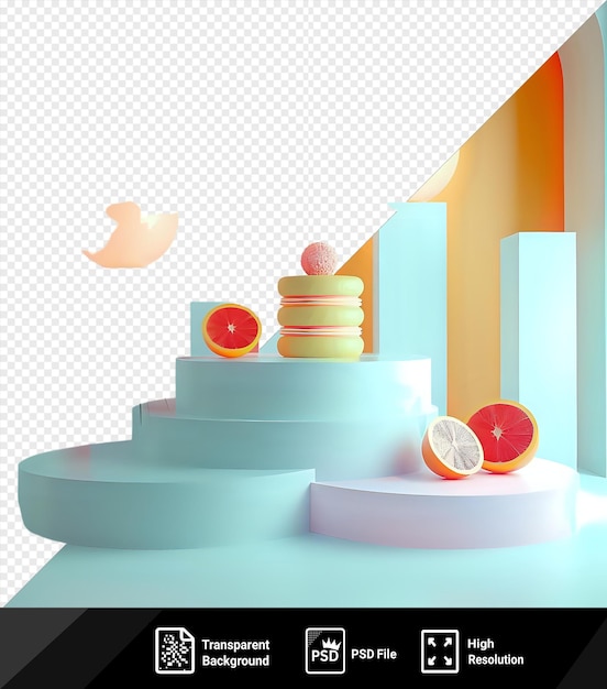 transparent oden cakes adorned with oranges and lemons sit on a transparent background against a blue wall accompanied by a green plant png psd