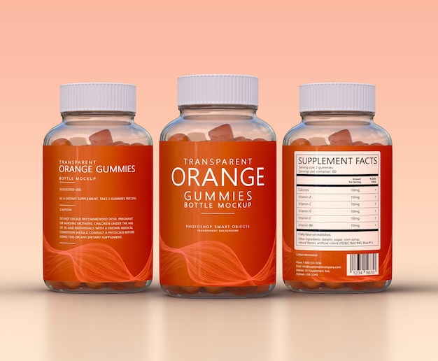 transparent orange gummies supplement bottles 3 view PSD mockup