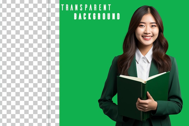 transparent Photo portrait of Asian student holding book on green background