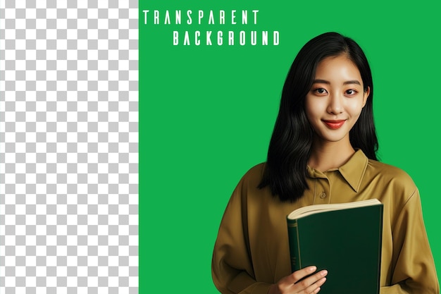 transparent Photo portrait of Asian student holding book on green background